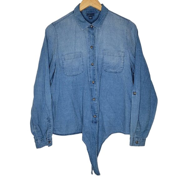 J. Jill Denim NEW Small Chambray Button Down Tie Women's Long Sleeve Top - Picture 2 of 5